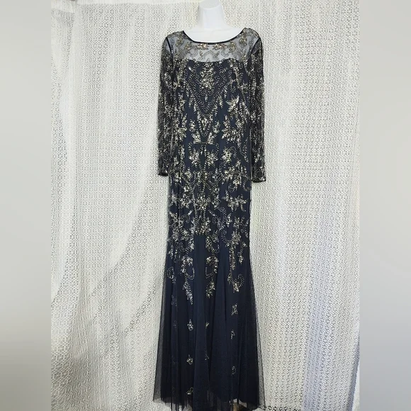 Adrianna Papell Navy and Gold Long Sleeve Gown - Picture 5 of 12